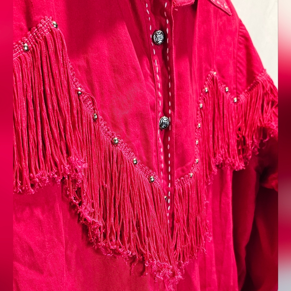 Adobe Rose Vintage 100% Cotton Red Tassled Button Front Top - Picture 5 of 11